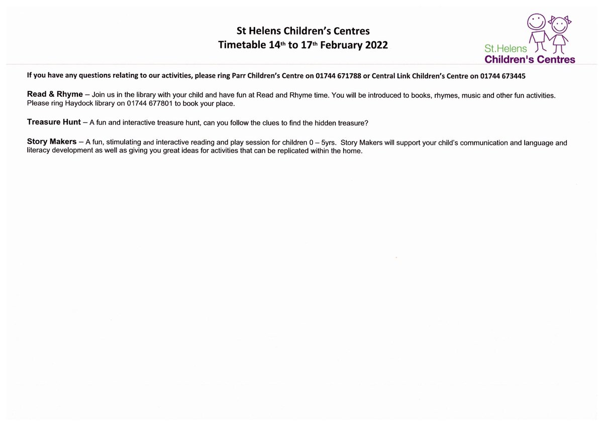MrsMcDHT_Thatto's tweet photo. Check out this timetable of fabulous events taking place in your local children's centres this half term 😍👍👏😀 please retweet spread the news @sthelenscouncil @StHelYoungCarer @StHWellbeing https://t.co/eqQ4LBSVTY