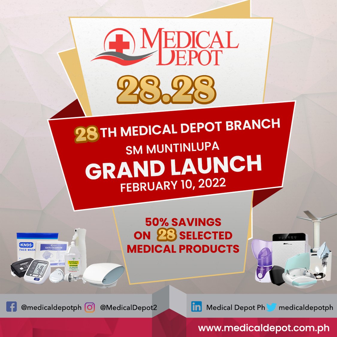 MedicalDepot2's tweet photo. We are opening our 28th Medical Depot SM Muntinlupa Branch this coming Thursday, February 10. Enjoy 50% savings from medical supplies and equipment. Come visit, shop, and save! See you there mga ka-MD! https://t.co/NjyUyA8OAk