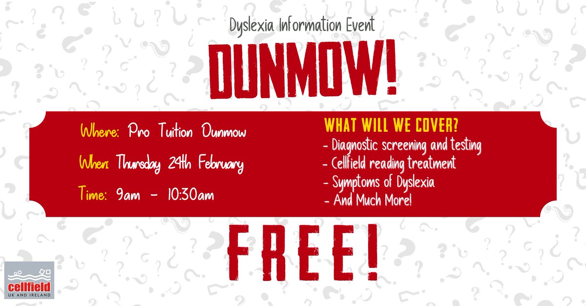 CellfieldE's tweet photo. FREE Dyslexia Information Event at Pro Tuition Dunmow!

This is a brilliant opportunity to find out more about dyslexia diagnostic assessments, screening tests and ask any questions you have to Carol Sheperd our dyslexia specialist!

To book, visit: https://t.co/iYig6yacS9 https://t.co/r2DTtVkfQ7