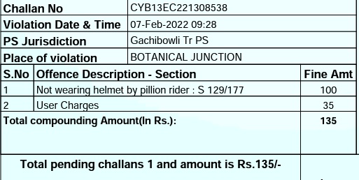 Pranayanugurti's tweet photo. @hydcitypolice what are these "User Charges" ? Can anyone explain.
Challan issued for "not wearing helmet by pillion rider".
#HyderabadTrafficPolice https://t.co/5xvOoduxnk