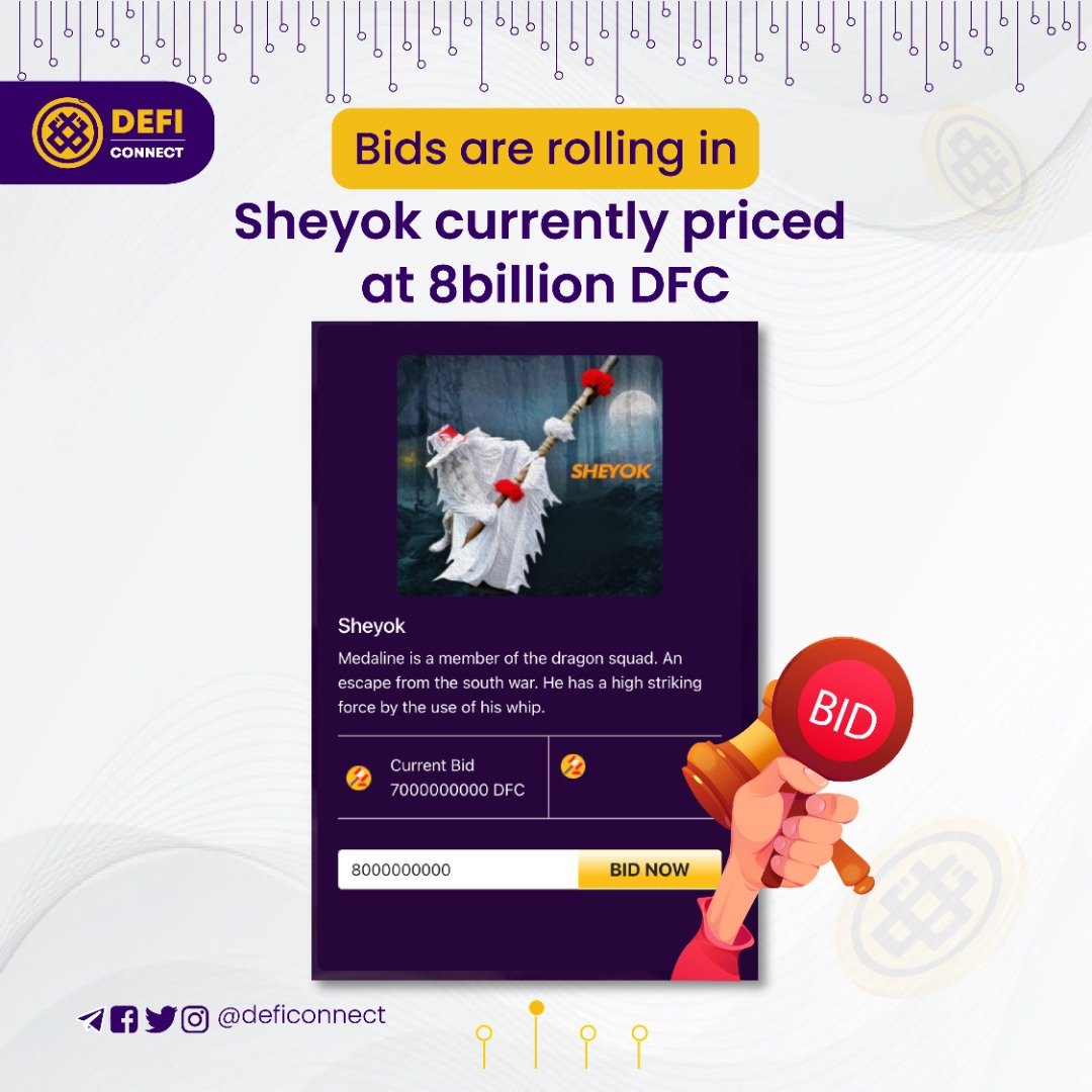 deficonnect's tweet photo. And #DELTA7 is up and on 

#sheyok is now on priced at $dfc 8billion.

Bid for yours now before they get sold out..

https://t.co/cy7nZNLJUM

#DFC #DefiConnect #Metaverse  #NFTGame #NFTGiveaway   #NFTs  #Binance #CryptoNews  #bitcoinprice  #Pumping #BTC #BSC https://t.co/6lyM4IUnbU