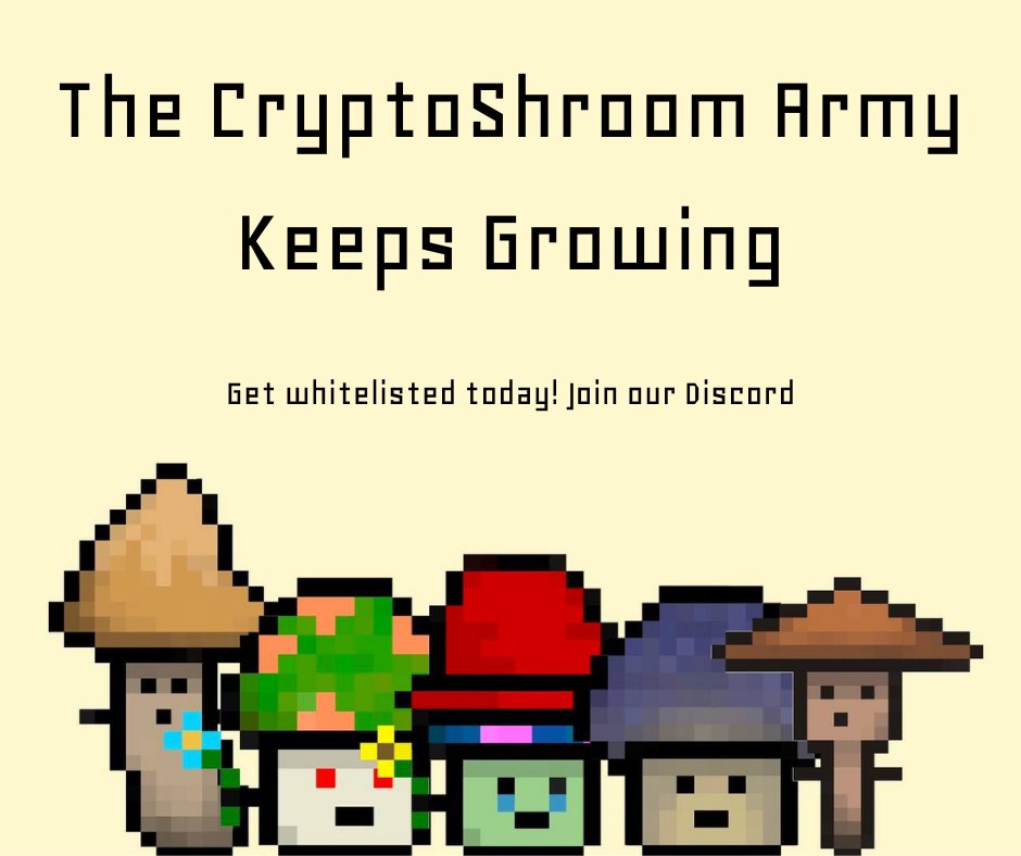 WOShrooms's tweet photo. After last weeks competitions, we have 5 new CryptoShroom holders! 

Bringing the total army to 20 pre-minted.

We still have some spots available for the presale. 

Join us https://t.co/FvnZkybF7k

@ElrondNetwork #NFT #NFTGiveaway #NFTCollection https://t.co/8m7eFy1CqG