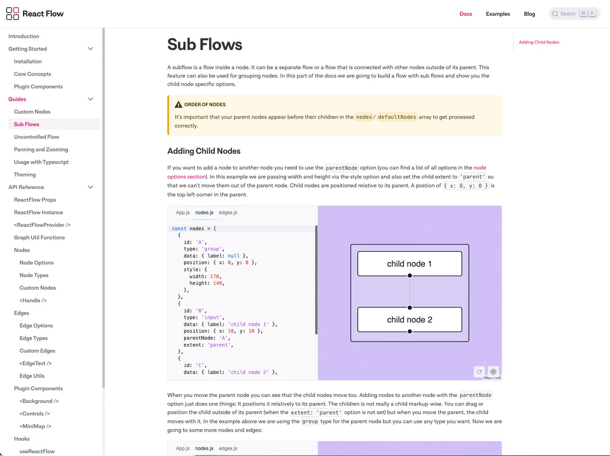 screenshot of the new React Flow docs website