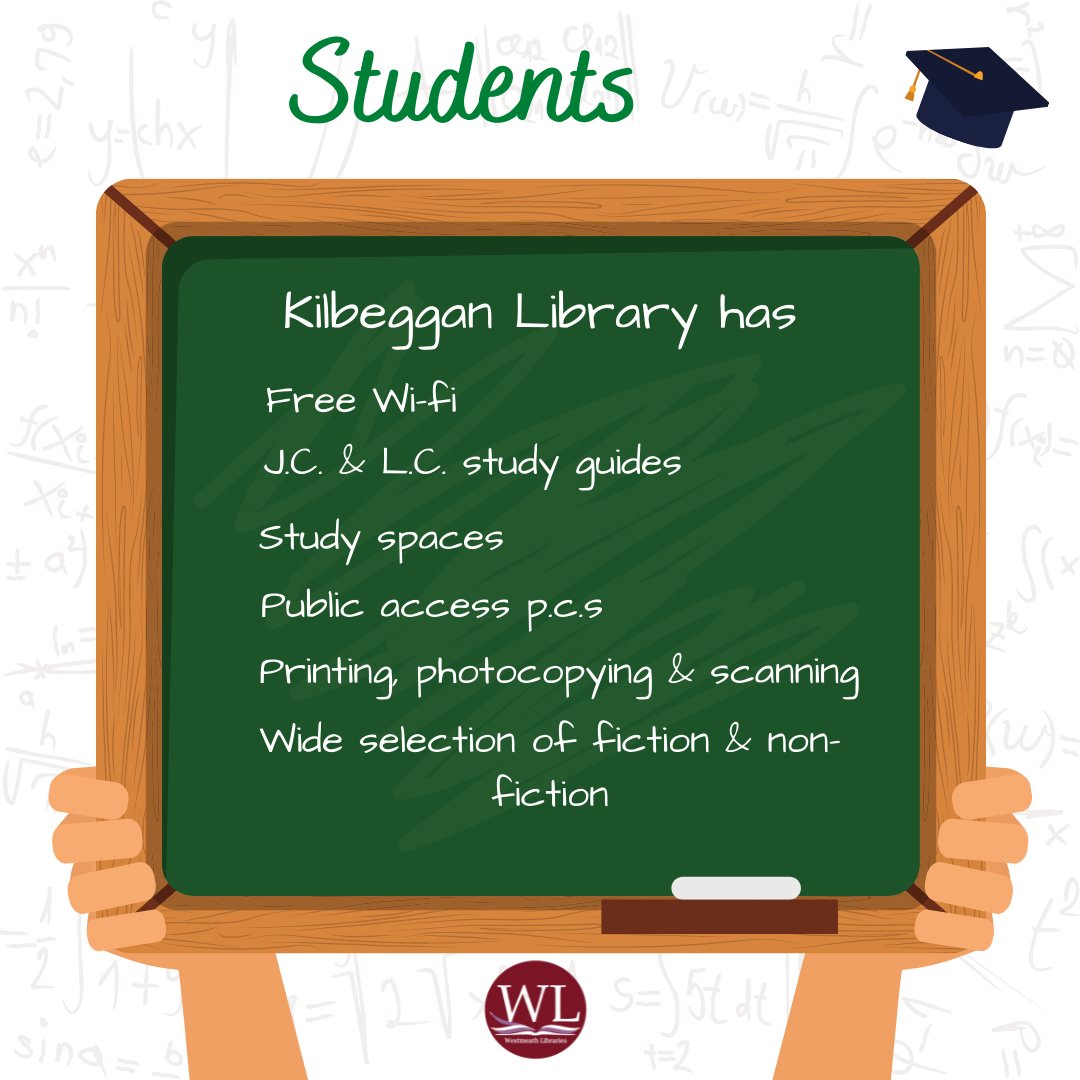 whcclibrary's tweet photo. Student's do you need a place to study or work on projects?
#KilbegganLibrary supports students through primary, secondary and third level education.
#students #JC2022 #LC2022 #thirdlevelstudents #DropIn #WestmeathLibraries https://t.co/Cig3raQPnF