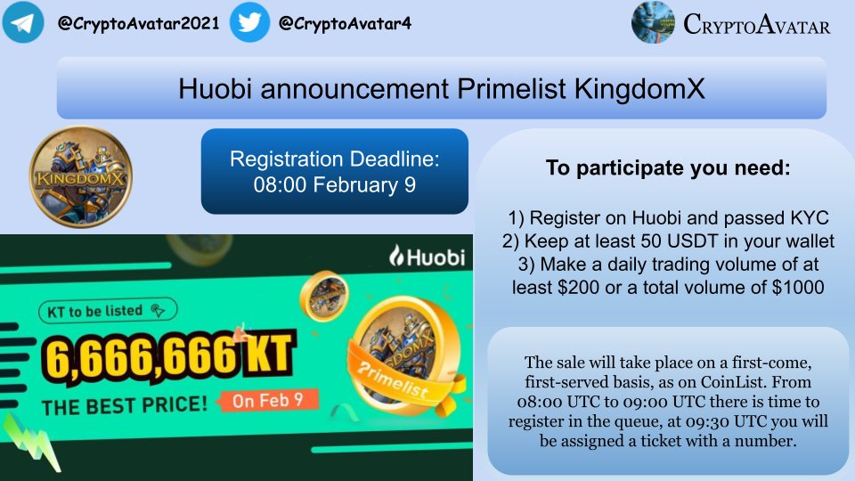 CryptoAvatar4's tweet photo. Primelist KingdomX⬇️
To participate, you need to register on Huobi:
https://t.co/bIJXaDQGSd
and pass KYC on the website:
https://t.co/ZJZBzbiIvQ
#Primelist #KingdomX #Huobi https://t.co/tyu1cN6F6o