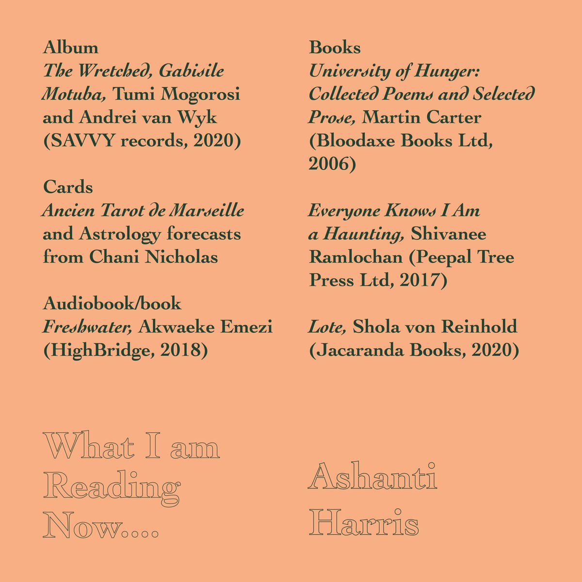 ExhibitionDJCAD's tweet photo. 2/  'I love to read theory, but the moment when the theory really clicks is when I feel it in my body.'

Ashanti shares what she’s feeling, doing, listening to and reading now... List of sources: books, cards, album and audiobook > https://t.co/45gC5cpFGG https://t.co/ydIfrZ6g3C