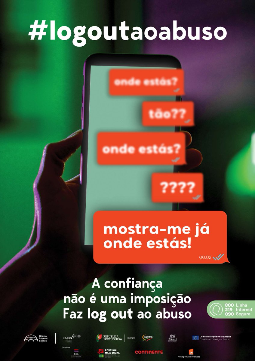 metro_lisboa's tweet photo. A confiança não é uma imposição! Faz #logoutaoabuso e não toleres violência 💔 no namoro online. A Linha Internet Segura tem especialistas que podem ajudar-te. Sabe mais ➡️ https://t.co/dCI0MPno7p #logoutaoabuso #SID2022 @Cispt @metro_lisboa @cig_portugal @CNCSgovpt https://t.co/IpcZz2gNxw