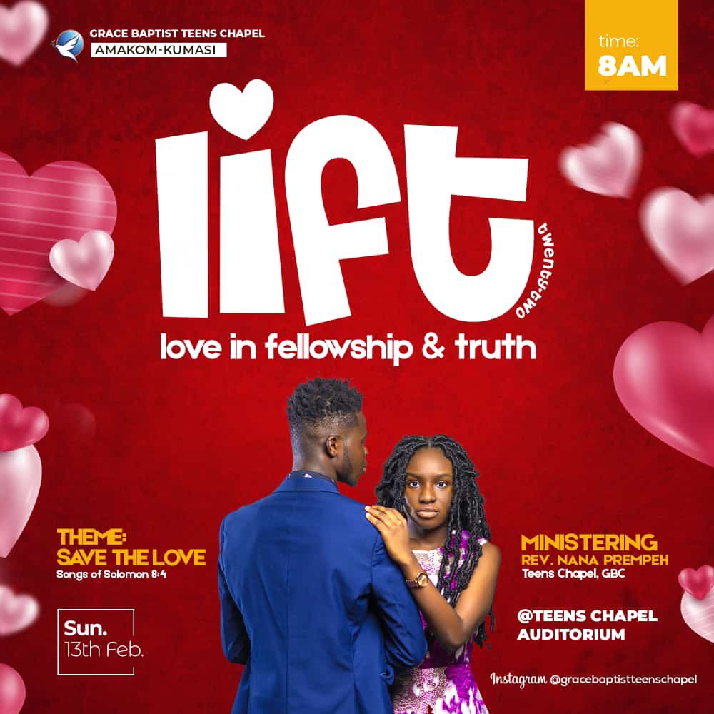 gbteenschapel's tweet photo. Don’t miss out
The Grace Baptist Teens Chapel comes your way this Vals Day with Pastor Nana Prempeh to bring you a special Pre- Valentine Sunday Service With The Theme SAVE THE LOVE
Come and be Blessed
Come with your Partner
See you there
#SAVETHELOVE https://t.co/mOjp4K2WDa