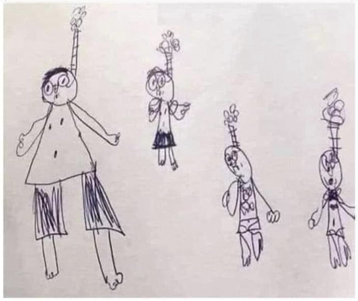 😊 Our six-year-old handed us a note. His teacher had called us in for an emergency meeting. Teacher: “I asked him to draw his family and he drew this. Would vou mind explaining?” “Not at all”, my wife said. “Family vacation. Snorkelling off the Bahamas.”