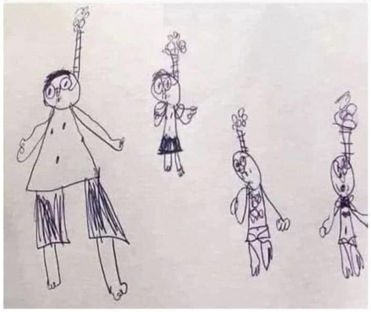 anitaleirfall's tweet photo. 😊 Our six-year-old handed us a note. His teacher had called us in for an emergency meeting. Teacher: “I asked him to draw his family and he drew this. Would vou mind explaining?” “Not at all”, my wife said. “Family vacation. Snorkelling off the Bahamas.” https://t.co/69c5DcToin