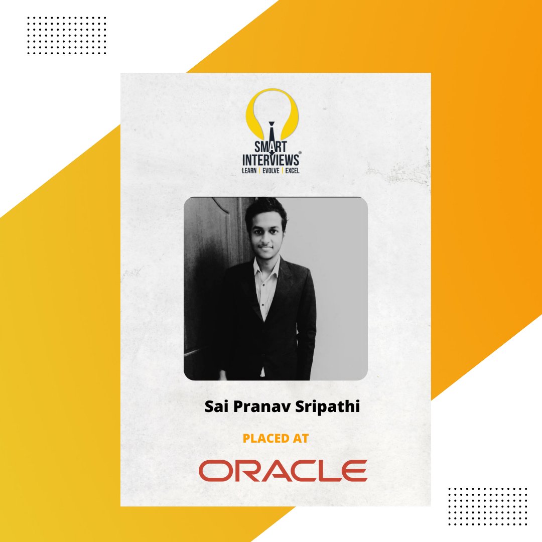 smart_interview's tweet image. Congratulations, Sai Pranav Sripathi, on your new position at Oracle. We wish you a prosperous career and hope that you carve out a bright future for yourself.
LinkedIn Profile - linkedin.com/in/sai-pranav-…
#SmartInterviews #Placements #SmartCoder #Oracle #SDE #alumni #placed #DSA