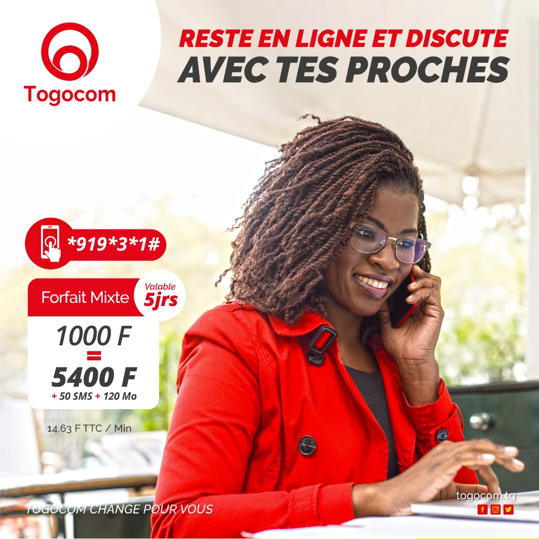 YasTogo's tweet photo. ✨Reste en ligne et discute avec tes proches !☺️

Souscris au forfait mixte de 1000F qui t’offre 5400f vers tous les réseaux nationaux + 50 SMS + 120 Mo à 14,63 F TTC / Min🤩

Valable 5 jrs😉

Tape vite *919*3*1# et parle sans compter !😎

#ForfaitsTogocom #Forfaitmixte #Togocom https://t.co/w5OS0PqOYH