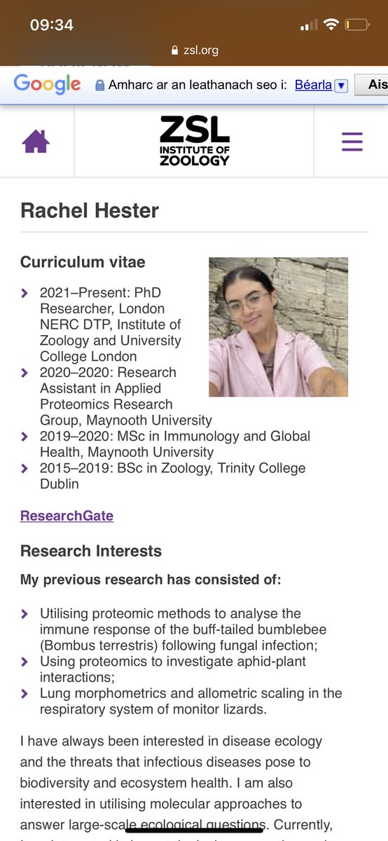 _RachelHester's tweet image. My PhD student profile is live on @ZSLScience and I just know my da is back home telling everyone I’m a zookeeper. Love to see it though #FirstGeninSTEM 

zsl.org/science/users/…