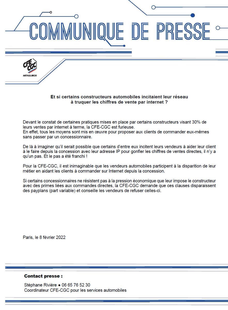 Metalcfecgc's tweet photo. [Communiqué de presse] 📢📢📢

Et si certains constructeurs automobiles incitaient leur réseau à truquer les chiffres de vente par internet ?

A lire ici ➡️ https://t.co/JgAttSWSjW

@gabfd @rivierestepha11 @bobenone @JMBrtho #Automobile #Industrie #Constructeur https://t.co/c0DAaqApAv