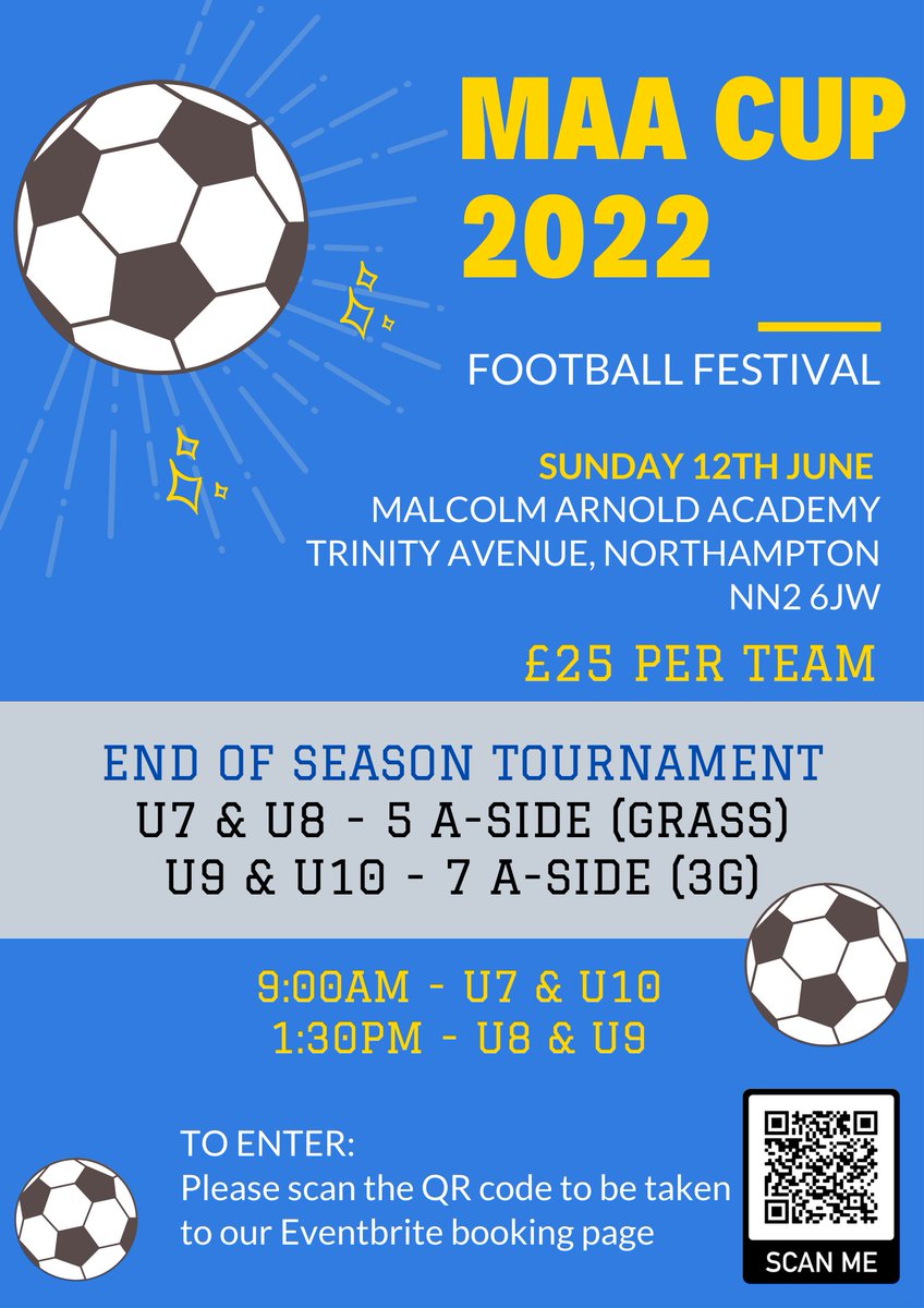 DRETevents's tweet photo. BOOK NOW! Entry for the #MAACup 2022 is now open! Be sure to secure your place NOW as this Football Festival for U7s - U10s was a sold out event last year! 

https://t.co/KgBa3UeMpv

#NorthamptonFootball #JuniorsFootball #FootballTournament 
@MAAcademySport @CharnwoodFA @Nsport https://t.co/TxFeJvWBqV