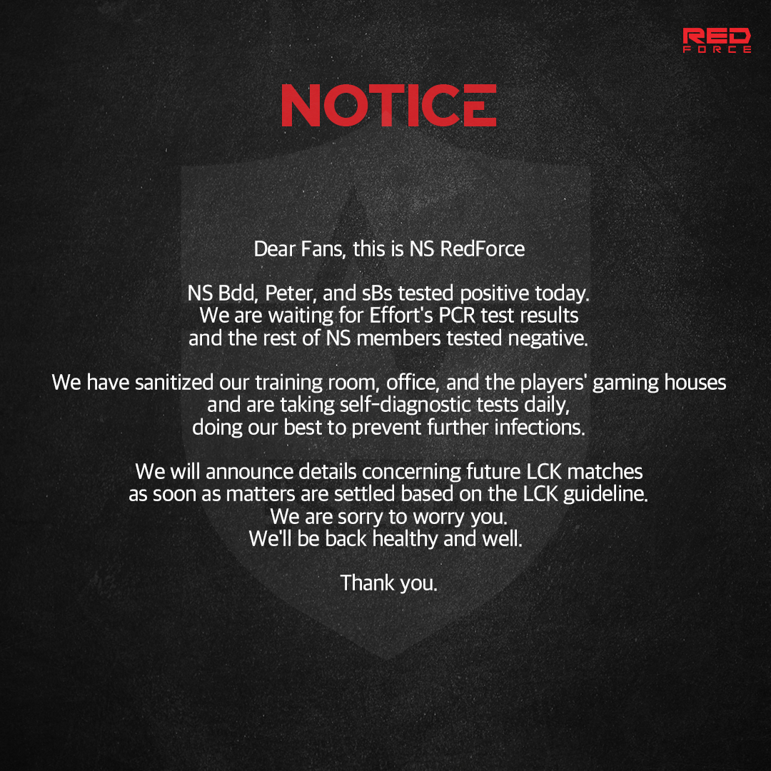 NS_RedForce's tweet photo. Dear Fans, this is NS RedForce

NS Bdd, Peter, and sBs tested positive today. We are waiting for Effort's PCR test results and the rest of NS members tested negative. https://t.co/6fyliejn2q
