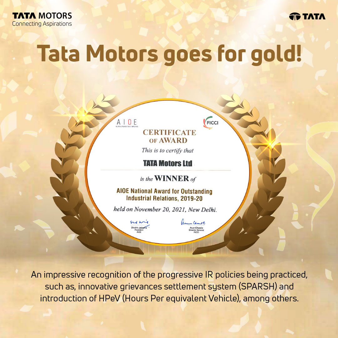 TataMotors's tweet photo. We are thrilled to share that #TataMotors won the top honour at the national level for outstanding Industrial Relations, announced by #AIOE- All India Organisation of Employers at 87th AGM, in the presence of Sunil Barthwal, secretary, @LabourMinistry.
#ConnectingAspirations https://t.co/UQFMyIVjxz