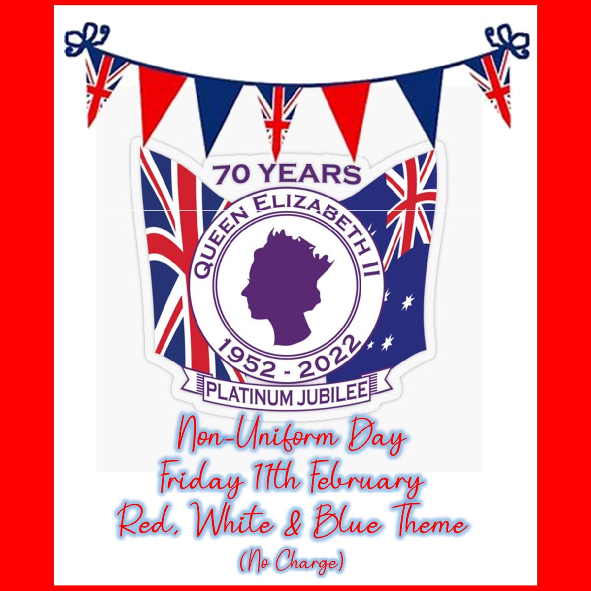 Platinum Jubilee

On Friday 11th February we are starting our Jubilee celebrations to mark the Queens 70 year reign.

We are holding a non uniform day with a red, white and blue theme - no charge!