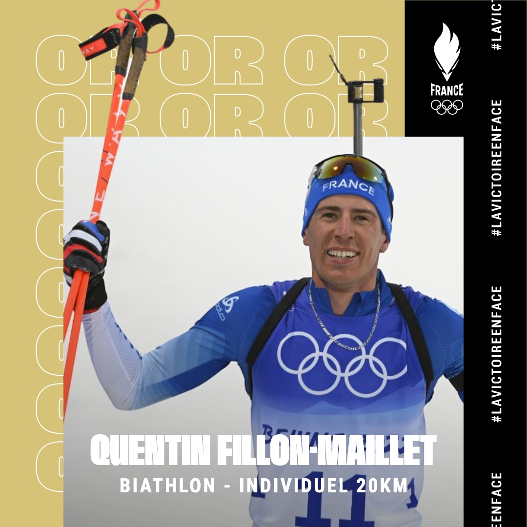 EquipeFRA's tweet photo. 🥇 CHAMPION OLYMPIQUEEE 🥇

Quelle course 🥵 Intouchable, Quentin Fillon-Maillet a mené d'une main de maître cet individuel (20km) ! 

La première médaille d'or du clan tricolore 💫

#AllezLesBleus #Pekin2022 https://t.co/4wjhy1CQr5
