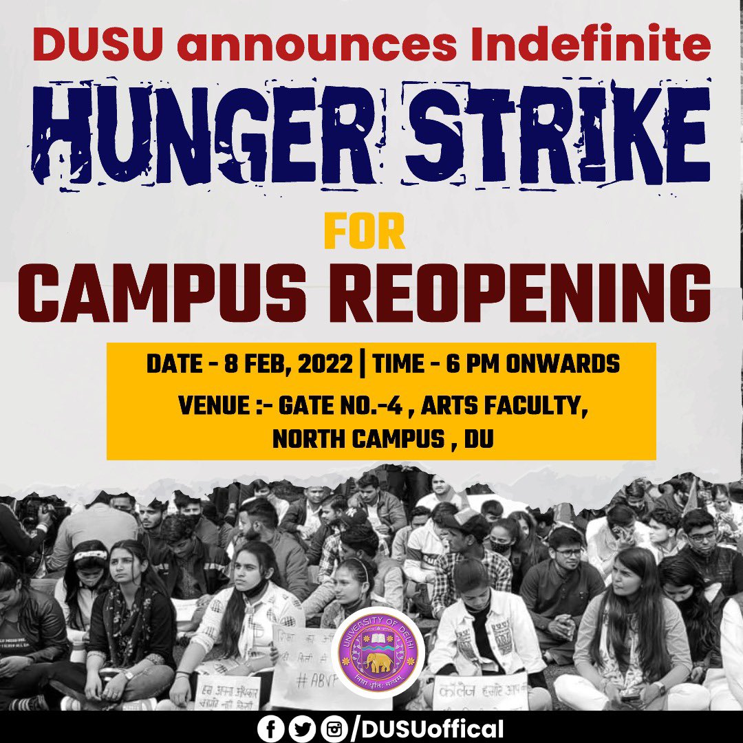 DUSUofficial's tweet photo. DUSU announces Indefinite Hunger Strike for Campus Reopening ...

#ReopenDU https://t.co/w2eyg0kTG7