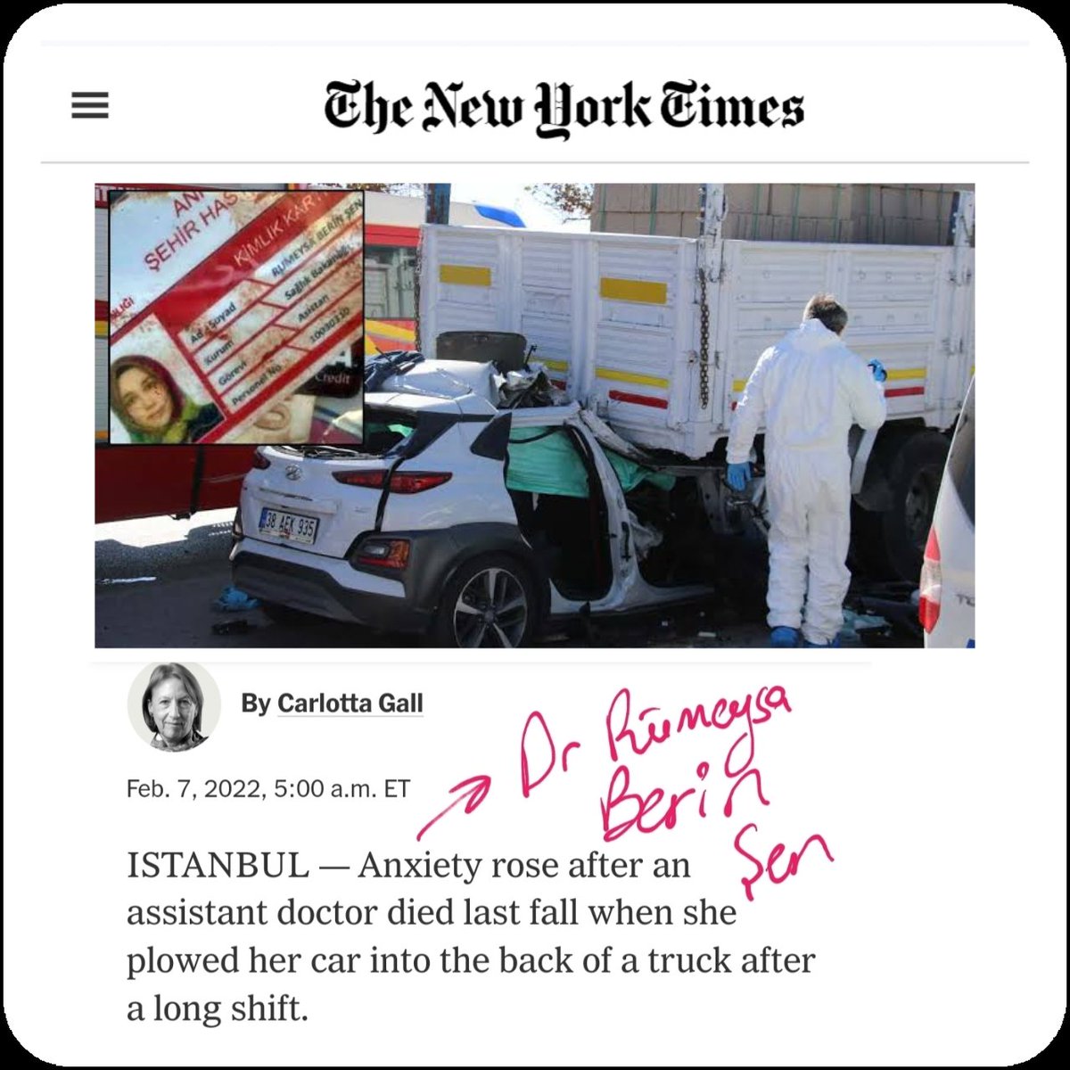 UykusuzAsistan's tweet photo. Dünya duydu siz duymadınız ❗

Dr Rümeysa Berin Şen ❣️ 
The New York Times da

#36SaatNöbetOlmaz uykusuz tutturulan nöbetler cinayettir❗

#BugünGöREVdeyiz
#HekimlerBirlikteGüçlü https://t.co/BiJcThdIhg