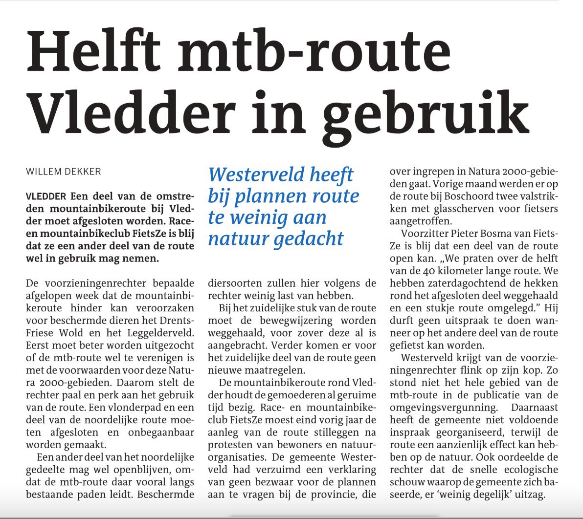 Vanmorgen hebben we de krant gehaald. De kop is positief. We kunnen een gedeelte van 19 kilometer gebruiken. Maar we zijn er nog niet. We willen graag de twee routes voor validen en minder validen realiseren. We geven niet op. Binnenkort meer! #volhouden #mtb #mtbroute #handbike