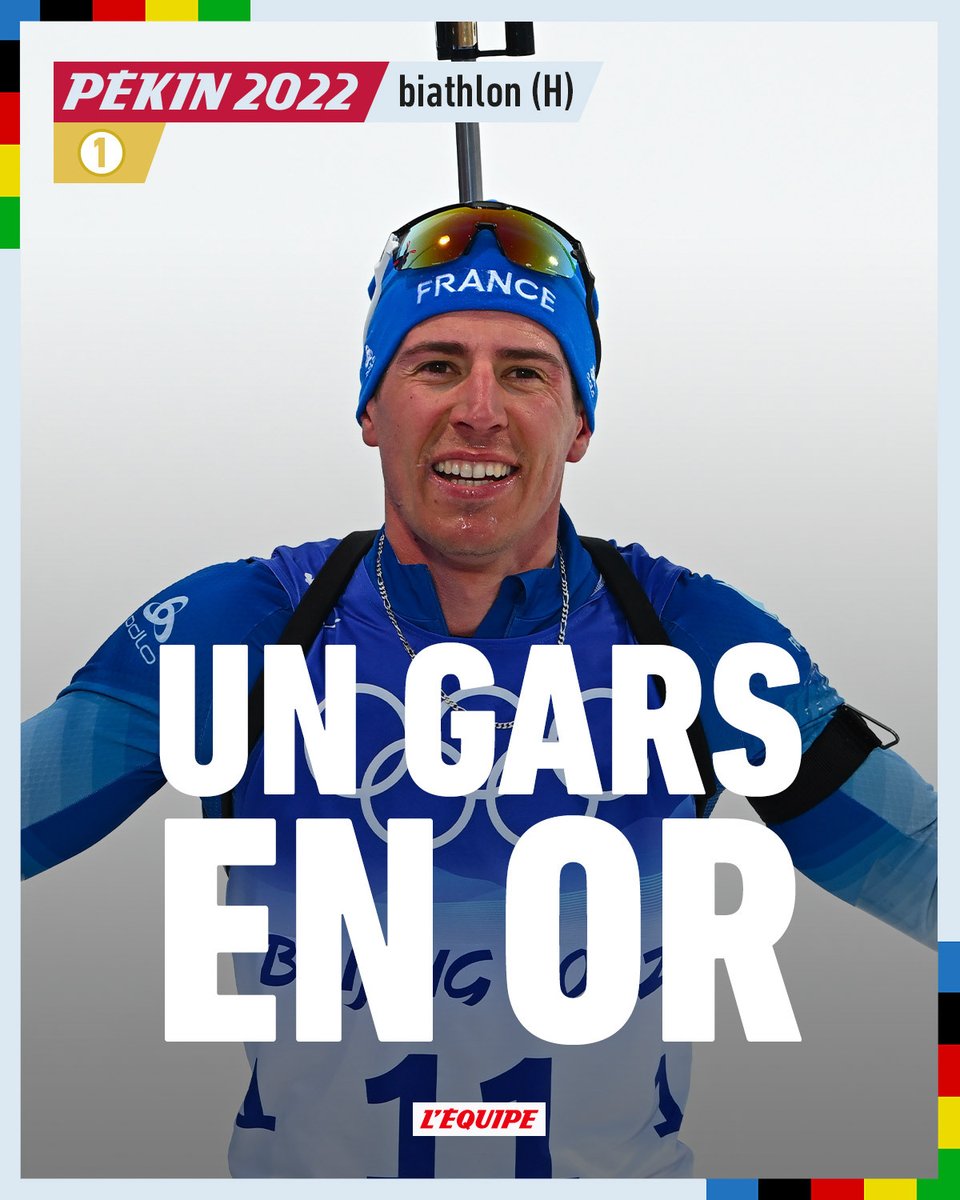 lequipe's tweet photo. Quentin Fillon Maillet remporte le premier titre olympique pour la France sur ces Jeux Olympiques, en dominant l'individuel en biathlon #Biathlon #Pekin2022 https://t.co/gl7OEOIeDX https://t.co/Xajx9FG6jp