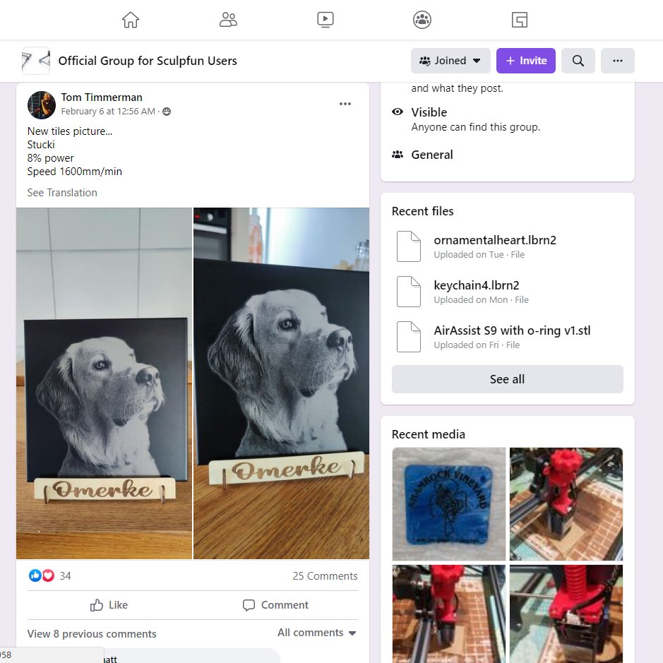 sculpfun's tweet photo. User: Tom Timmerman (from: Official Group for Sculpfun Users - facebook)
What should I do if I don't know the engraving parameters?
Here are the reference parameters provided by the Great God for you, come and join our official group!
tiles picture...
8% power
Speed 1600mm/min https://t.co/mDcV6yyKQi