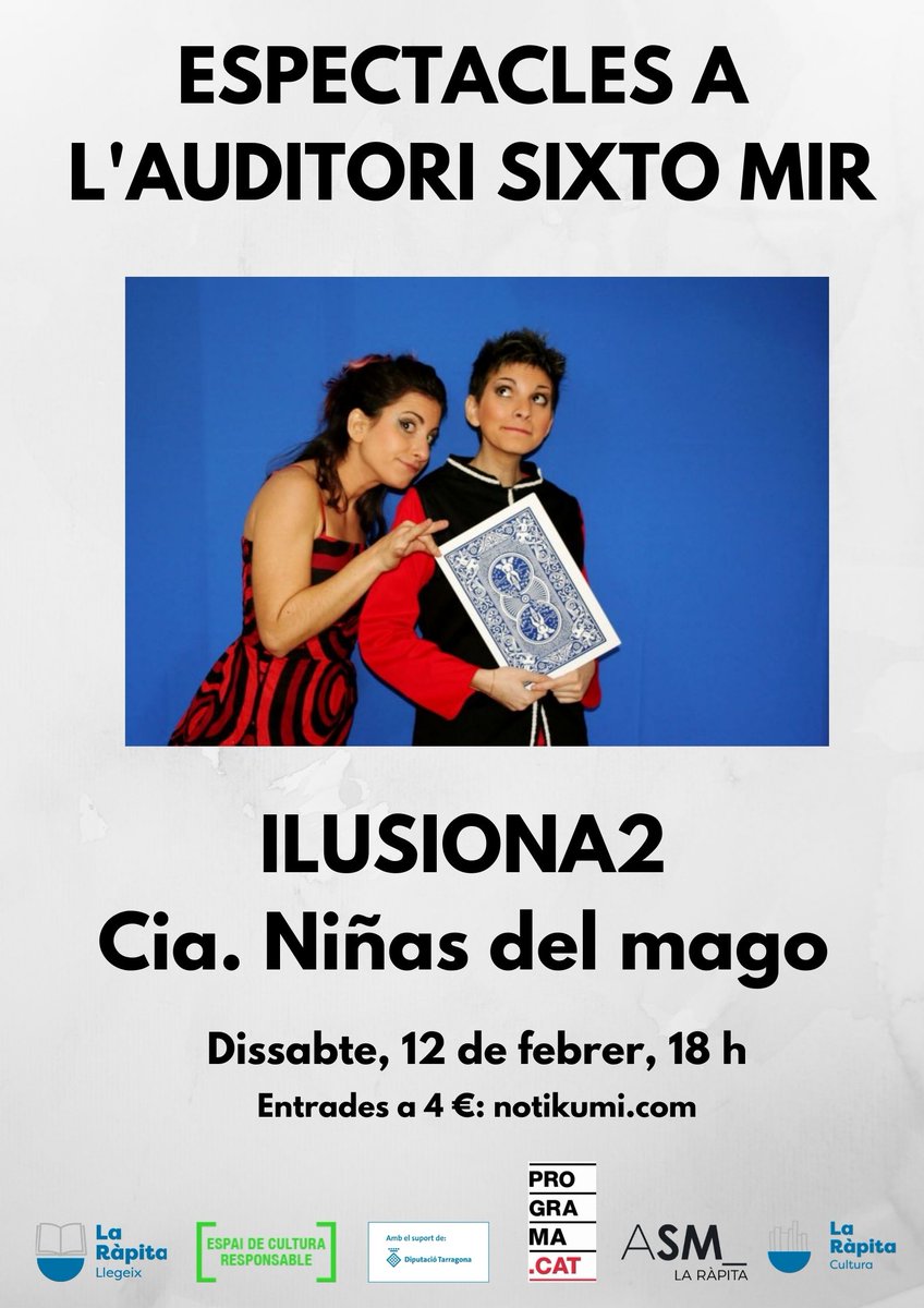 CultuRapita1's tweet photo. Màgia per a tots els públics aquest dissabte, a les 18 h, a l'#AuditoriSixtoMir!
No us perdeu, que xalarem molt amb  @ndelmago i l'espectacle 'Ilusiona2'.
ENTRADES: https://t.co/5L9TS7xLHL 

#CulturaRàpita22 #ImpulsemLaRàpita #teatrefamilar #màgia
@ajlarapita @RadioRapita https://t.co/QyReETQ8Jy