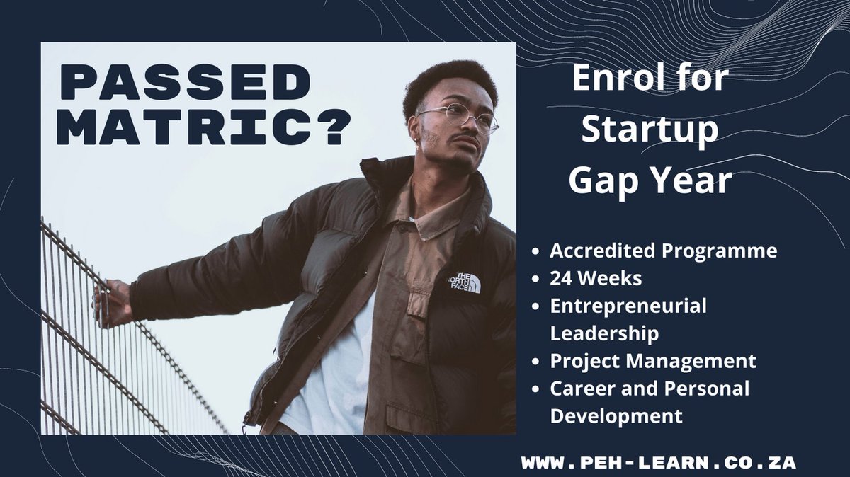 34% of people are unemployed in RSA.
12% of those are graduates.
Young people MUST create their own jobs or they will be poor.

Startup Gap Year is an affordable pre-university programme for aspiring entrepreneurs between the ages of 17-21.

Apply today: peh-learn.co.za/startup-gap-ye…