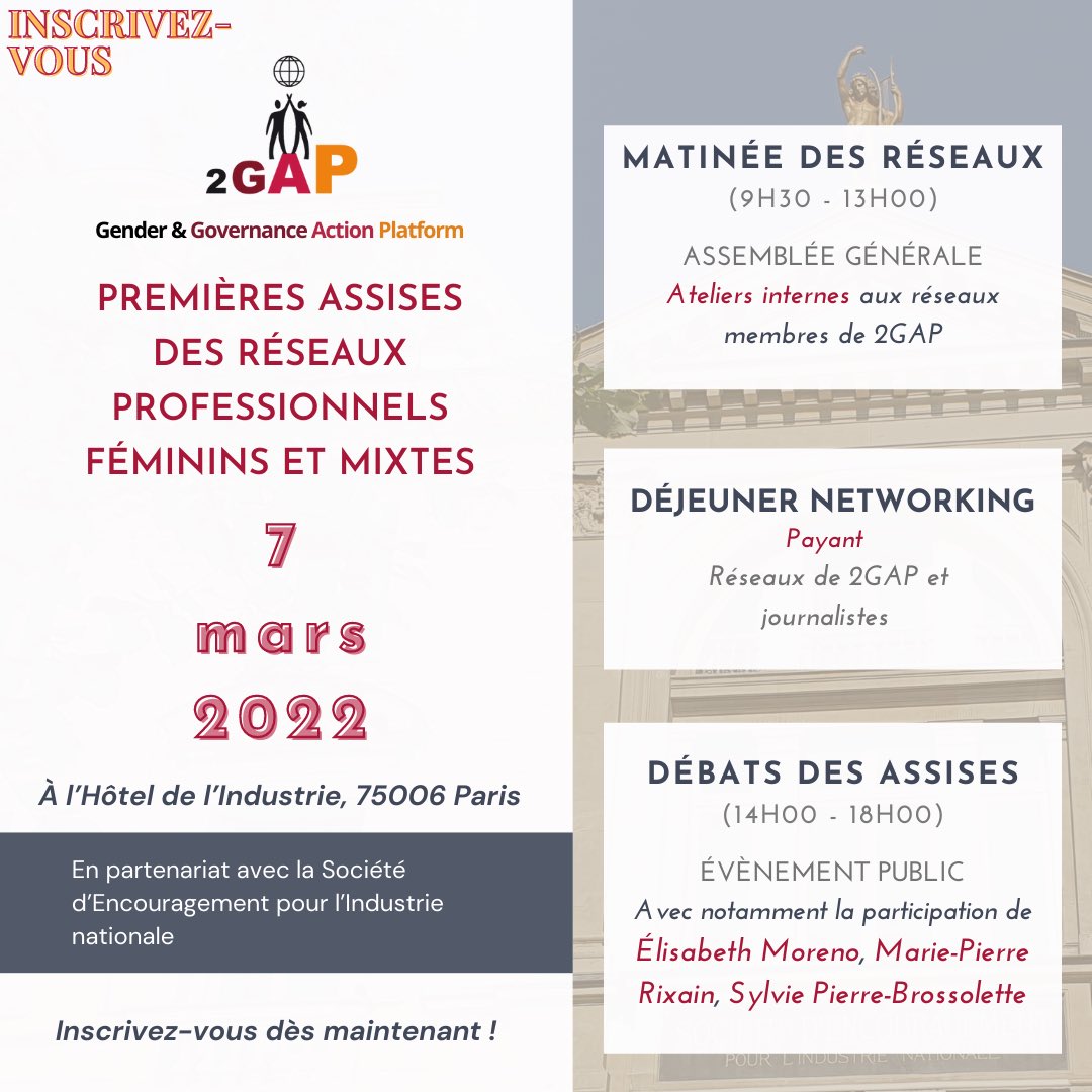 À vos agendas 🗓
Le 7 MARS 2022, <a href="/2gapF/">2Gap France</a> organise les premières Assises des réseaux professionnels féminins et mixtes des secteurs public et privé !
Inscrivez-vous dès maintenant pour une participation sur site ou à distance aux #Assises2GAP ⤵️
helloasso.com/associations/2…
