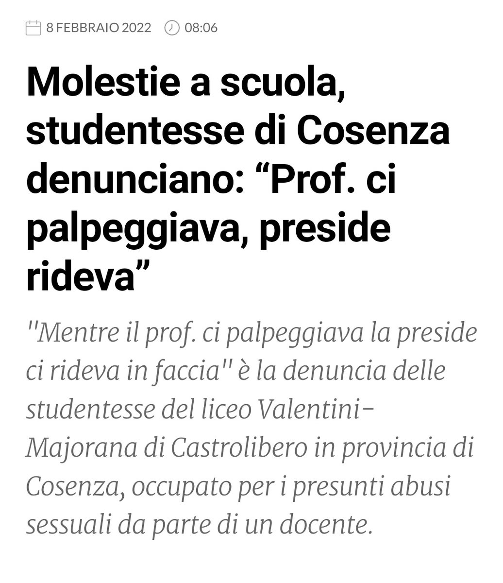 anikeatable's tweet photo. Delle studentesse del liceo Valentini-Majorana di Castrolibero, in provincia di Cosenza hanno denunciato le molestie subite da un insegnante e il fatto che la dirigente scolastica abbia provato a mettere tutto a tacere.
Gli episodi a cui fanno riferimento le adolescenti > https://t.co/OpP0Yx2R6A