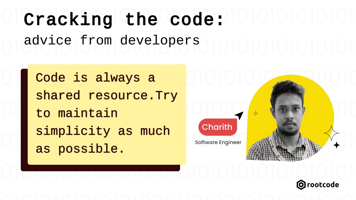 rootcode_io's tweet image. Charith, one of our Software #engineers at #Rootcode says that &quot;#Programmers are really authors, and your target audience is not the computer, it is other programmers (&amp;amp; yourself), so staying organised &amp;amp; simple, is the way to go&quot;