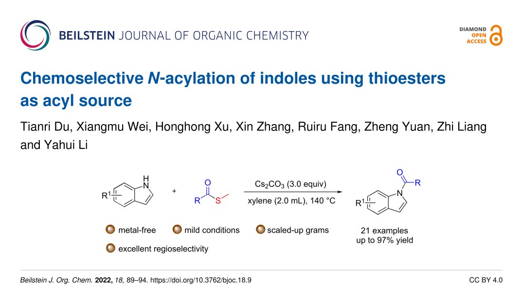 BeilsteinInst's tweet photo. Yahui Li et al. report a mild, efficient, functional group tolerant, and highly #chemoselective N-acylation of #indoles using #thioesters as a stable acyl source.
🔗 https://t.co/loiuxi5FHi
#DiamondOpenAccess 💎🔓 in the #BJOC – no fees for authors and readers! https://t.co/5mBQuTUvuP
