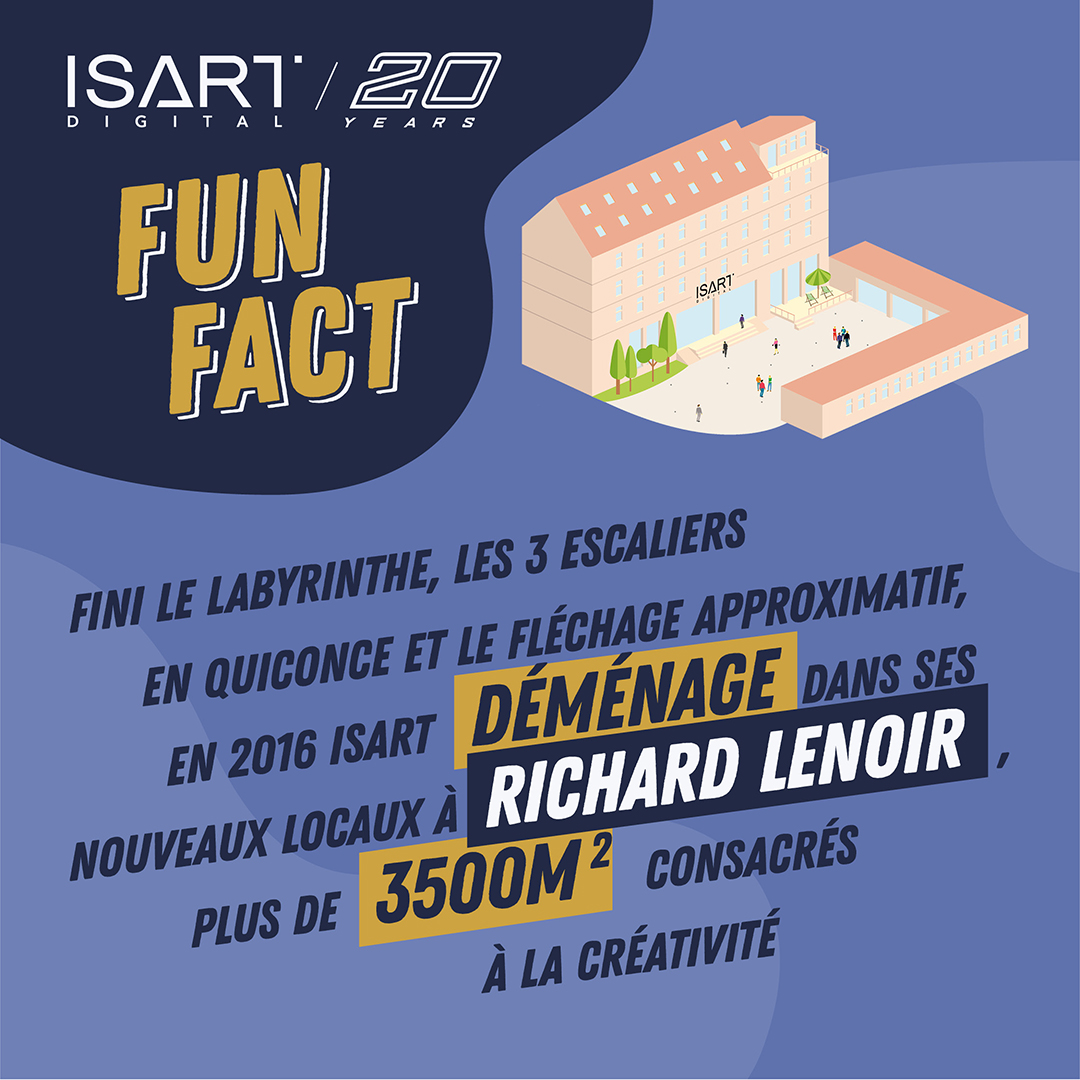 isartdigital's tweet photo. Chaque mois, le #FunFactISART vous dévoile une anecdote sur les 20 ans de l’école ! 🗯️
👉 Fini le labyrinthe, les 3 escaliers en quinconce et le fléchage approximatif, en 2016 ISART déménage dans ses nouveaux locaux à Richard Lenoir, plus de 3500 m² consacrés à la créativité ! https://t.co/as4mKWA2HR