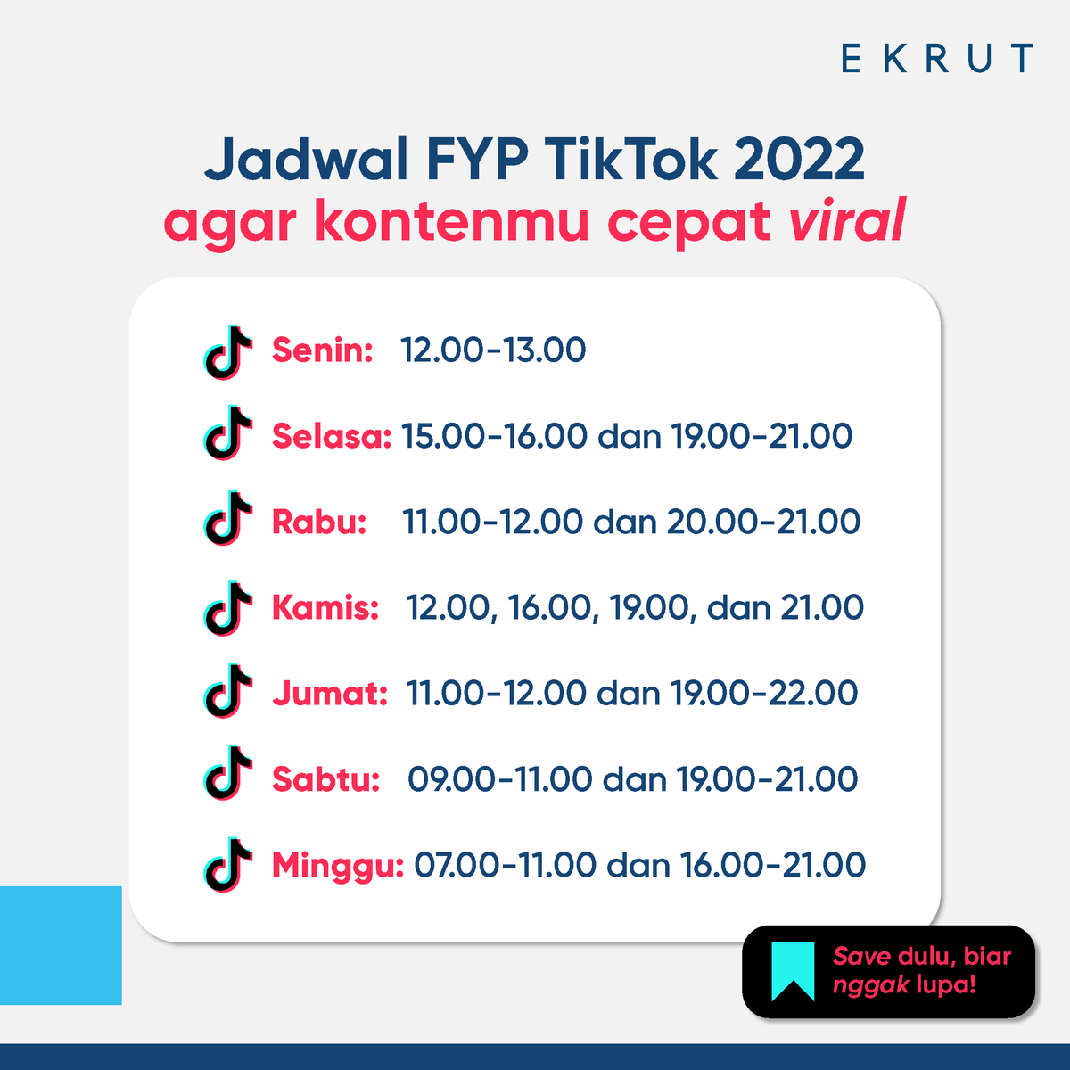 ekrutofficial's tweet photo. Bagi kamu para tikokters, pasti kamu berharap kontenmu bisa terus masuk FYP dan cepat viral~
Nah, ada baiknya kamu upload konten sesuai dengan jadwal FYP di bawah. Kalau kontenmu rame, lanjut part 2, ya!😉
#tiktok #jadwalfyp #fyptiktok #tipstiktok #konten #kontenviral https://t.co/4zuNYiAlPd