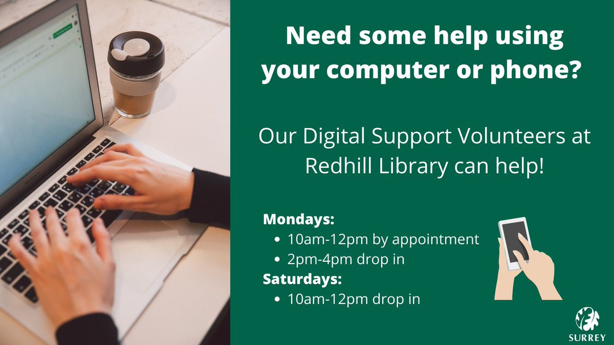 RedhillLibrary's tweet photo. Need some help using your computer or phone? Our Digital Support Volunteers at Redhill Library might be able to help!
Speak to us on the desk if you'd like to book yourself a quick session with our volunteers.
#DigitalBuddy @SurreyLibraries #RedhillLibrary https://t.co/CddX1dl0Gu