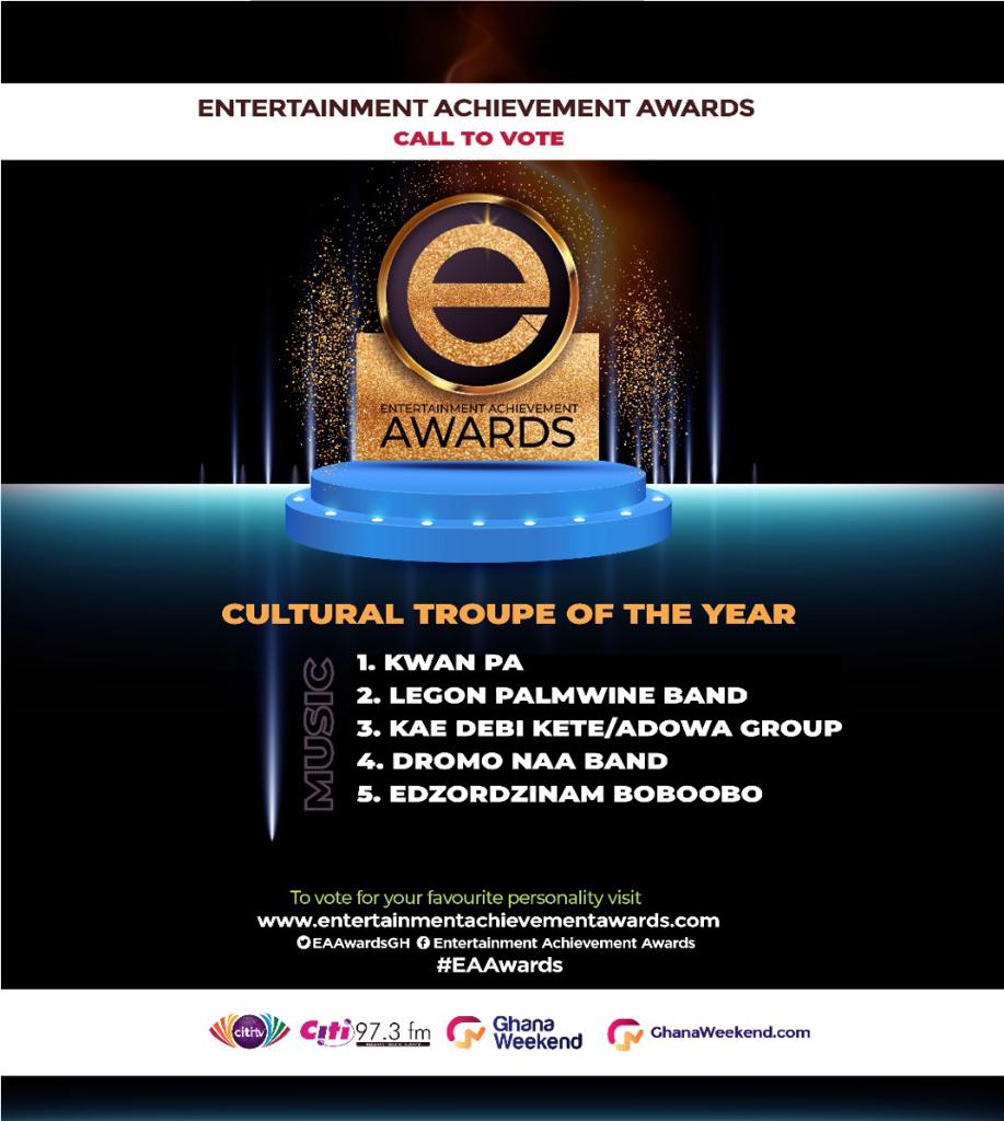 EAAwardsGh's tweet photo. #EAAwards2022 Cultural Troupe of the Year

Kwan Pa 
Legon Palmwine Band 
Kae Debi Kete/Adowa Group
Dromo Naa Band
Edzordzinam Boboobo 

Which group do you think will win in this category? https://t.co/3geOCXJ1hU