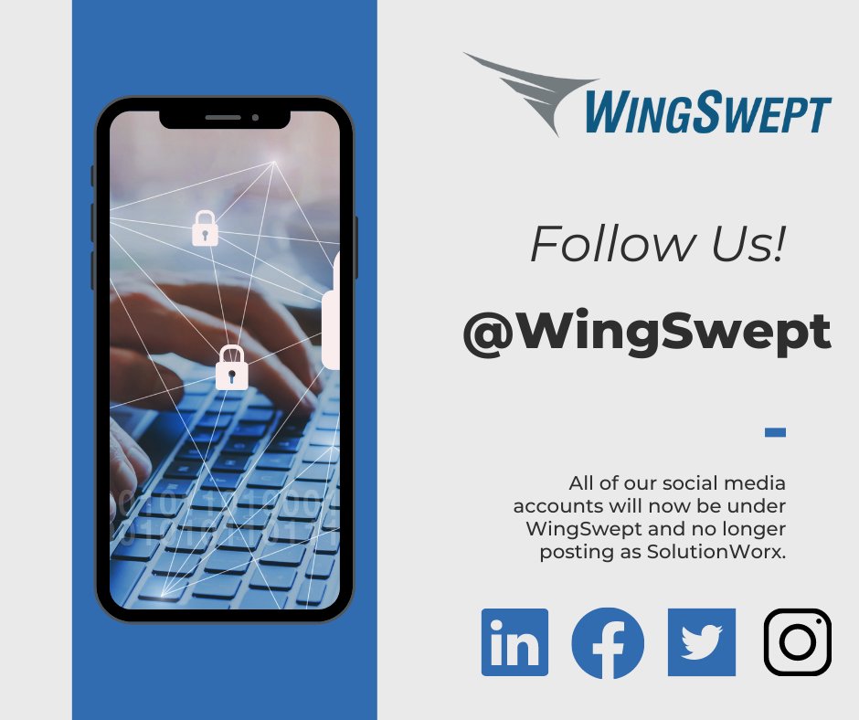 solutionworx's tweet photo. Have you taken the time to follow WingSwept's social media profiles? We don't want you to miss out on all of the up and coming tips to protect your organization against cyberattacks and more! 

#followus #companymergered #BetterTogether https://t.co/m73LJok2vI