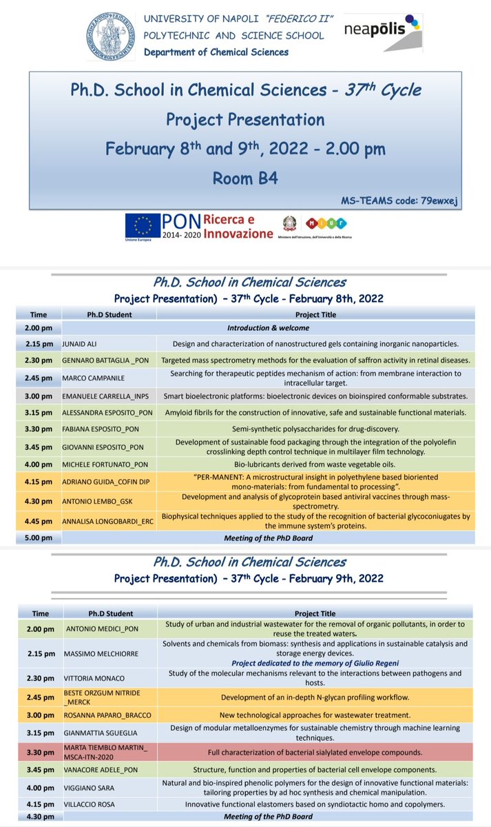 February 8/9th 2022
#PhD School in Chemical Sciences 37th Cycle
Project presentation
MS TEAMS_codice: 79ewxej