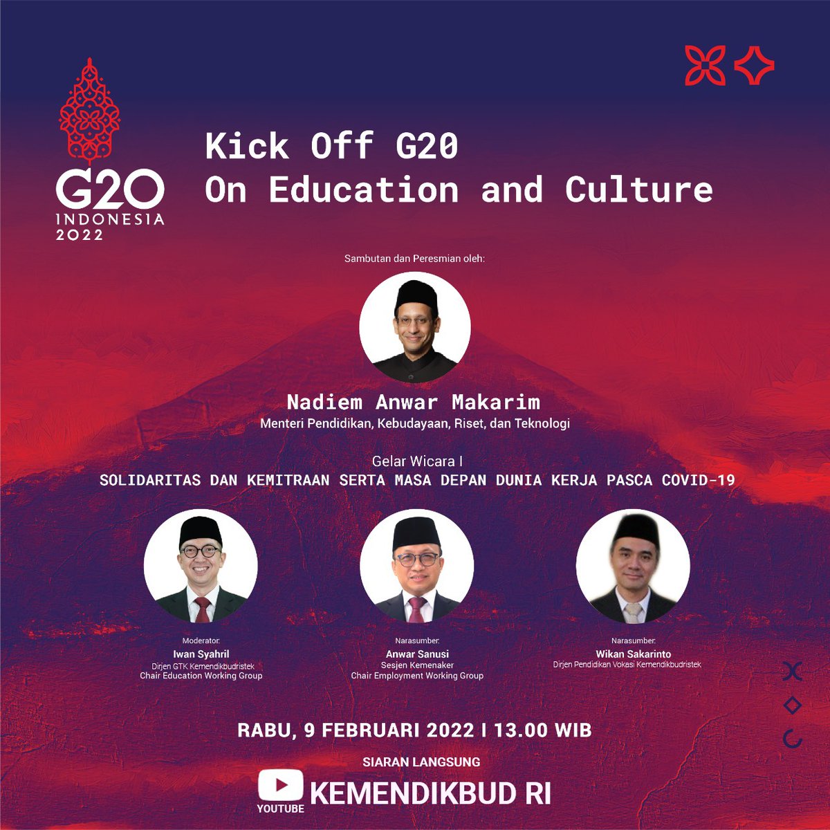 UnivTerbuka's tweet photo. Halo Sahabat UT, yuk saksikan Kick Off G20 On Education and Culture dgn tema "Solidaritas dan Kemitraan serta Masa Depan Dunia Kerja Pasca Covid-19" pd Rabu, 9 Feb 2022 pkl 13.00 WIB langsung melalui Channel YouTube Kemendikbud RI.

#UniversitasTerbuka #Kemendikbudristek #InfoUT https://t.co/GWZ4MWWGBP