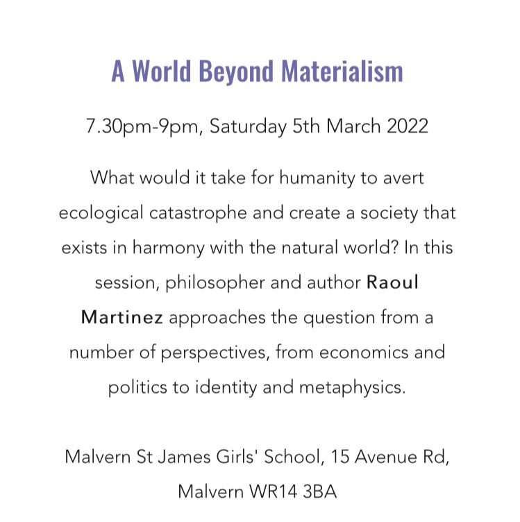 MalvernFI's tweet photo. Our last speaker on Saturday March 5th is the amazing Raoul Martinez 🎉 

Catch his session ‘A World Beyond Materialism’ at 7:30-9pm in @MalvernStJames School 💡

Get your tickets at https://t.co/YZ4nHef7e8 https://t.co/zwaqJ1QVOv