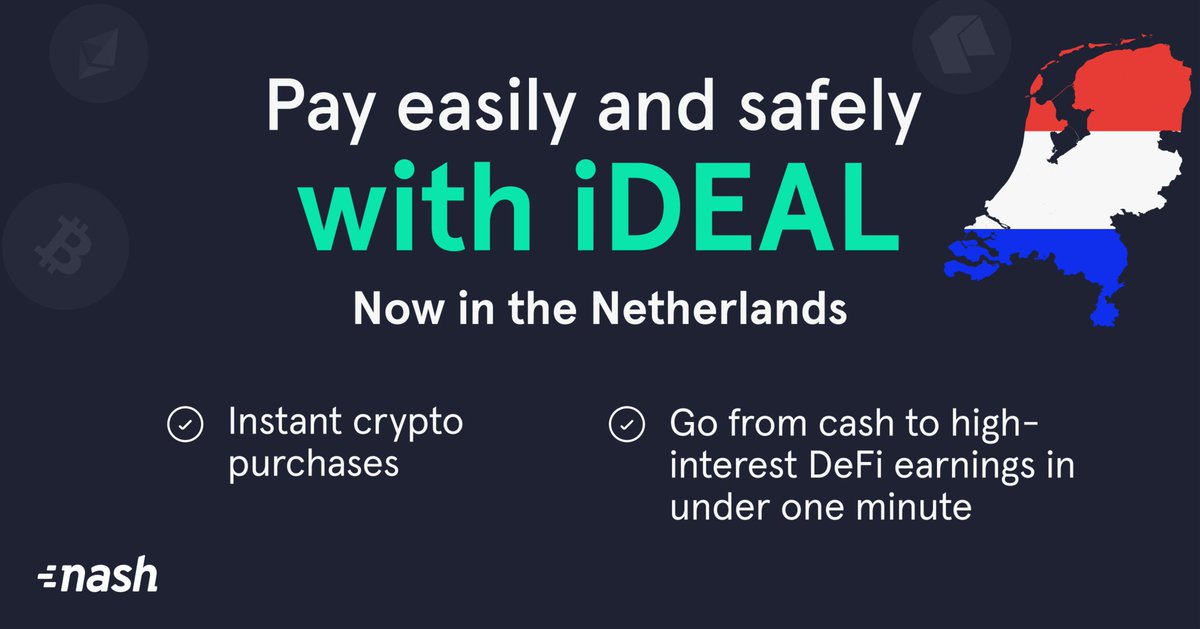 nashsocial's tweet photo. Nash users in the #Netherlands can now pay instantly with iDEAL. Buy #Bitcoin or add funds to your crypto-powered #DeFi earnings in under a minute!

Stay tuned for more instant payment methods across Europe soon, including credit cards, Google Pay and Apple Pay. https://t.co/MQN7TqyNdW