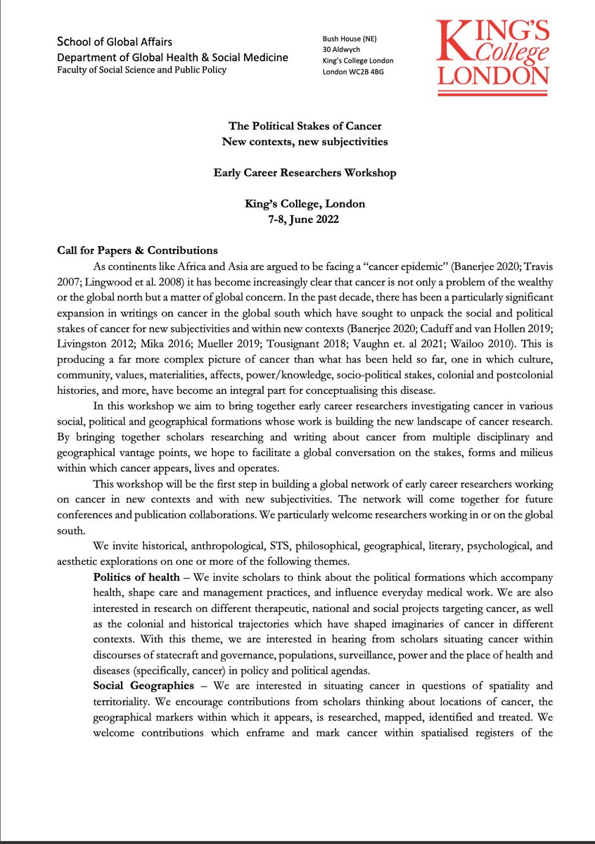 cancermaps's tweet photo. CALL FOR PAPERS

We are delighted to announce that, with the Grid Oncology project, we will be holding our first early-mid career workshop on "The Political Stakes of Cancer"!

@KingsCollegeLon , 6-7 June 2022.

Deadline to apply, 20 February. 

See full call below. https://t.co/C6hHWNYBL5