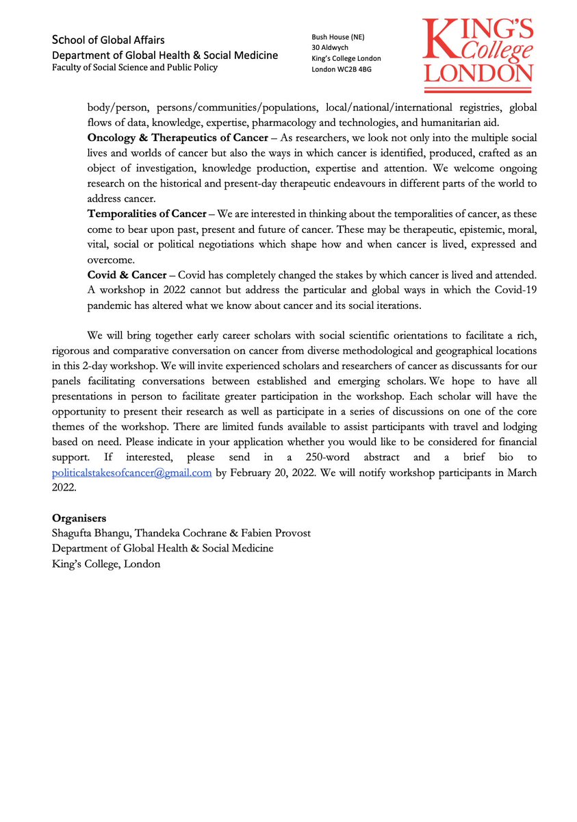 cancermaps's tweet photo. CALL FOR PAPERS

We are delighted to announce that, with the Grid Oncology project, we will be holding our first early-mid career workshop on "The Political Stakes of Cancer"!

@KingsCollegeLon , 6-7 June 2022.

Deadline to apply, 20 February. 

See full call below. https://t.co/C6hHWNYBL5