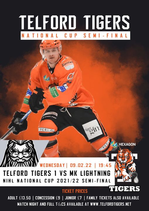 The clock is ticking ⏰⏰⏰⏰

🏆 🚨National Cup Semi-Final 🚨🏆 

It's nearly time for some mid-week hockey?🙋🏽‍♀️

📆 Wednesday 9th February
🆚 MK Lightning
🏡 Telford Ice-Rink
⏰ 7:45pm face off

🎟 bit.ly/3GxuzFu | 🎥 ow.ly/7YeM50H55bh

#TelfordTigers