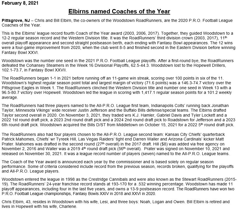 PROFBLeague's tweet photo. Congratulations to Bill and Chris Elbirn @Poelbirn, the 2021 P.R.O. Football League Coaches of the Year. Full release and previous winners are below. #BeepBeep🛣🏃 @WoodstownRR https://t.co/FYcJ3AfBne