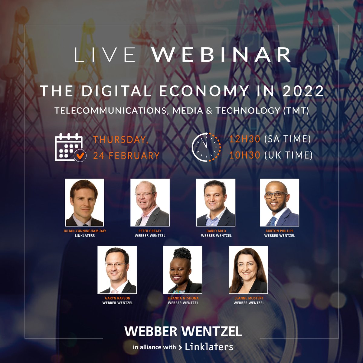 webberwentzel's tweet photo. Join us for a webinar on Thursday, 24 February 2022 in which Julian Cunningham-Day, Peter Grealy, @Dariomilo, @burtphill, @GarynR, Ziyanda Ntshona and @LeanneMostert will explore how SA, the EU &amp; UK are proposing to regulate the #digitaleconomy. 

🔗 https://t.co/rRcQoKp8R1 https://t.co/HqvYVj2Lnf