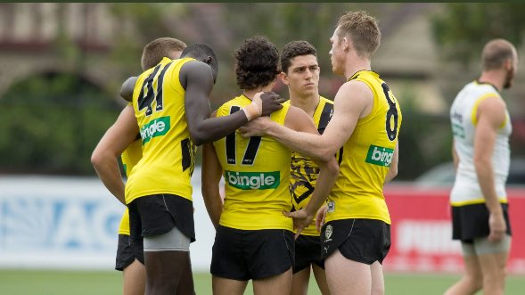 bostontiger35's tweet photo. @CameronEGrimes @Richmond_FC Assuming that’s Dan Butler on the left of Mabior Chol, little did you know @CameronEGrimes that this pic was of our new & improved ruthless pressure small forward brigade that would help us bag that elusive 🏆#newgameplan https://t.co/vwJCII3R4n