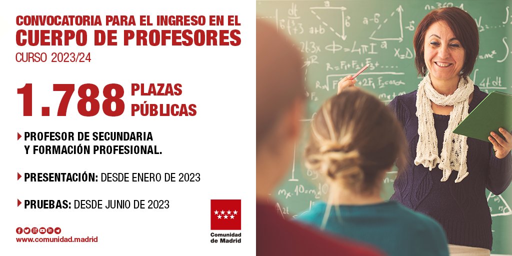 🧑‍🏫 La <a href="/ComunidadMadrid/">Comunidad de Madrid</a> convoca oposiciones para el Cuerpo de Profesores de Secundaria y FP en el curso 2023/24.

🔎 Si tienes dudas puedes consultarlas aquí 👉 bit.ly/3sf0Lsi 

➕Info: c.madrid/3LhLShv

#MadridEsEducación